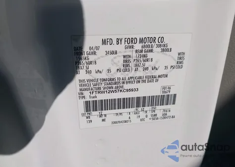 2007 Ford F-150 Xlt из США, поврежденный, VIN 1FTRW12W57KC95933